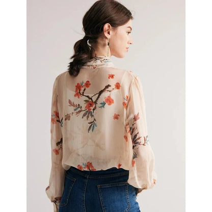 Elegant floral silk blend bow collar blouse with puff sleeves for modern women
