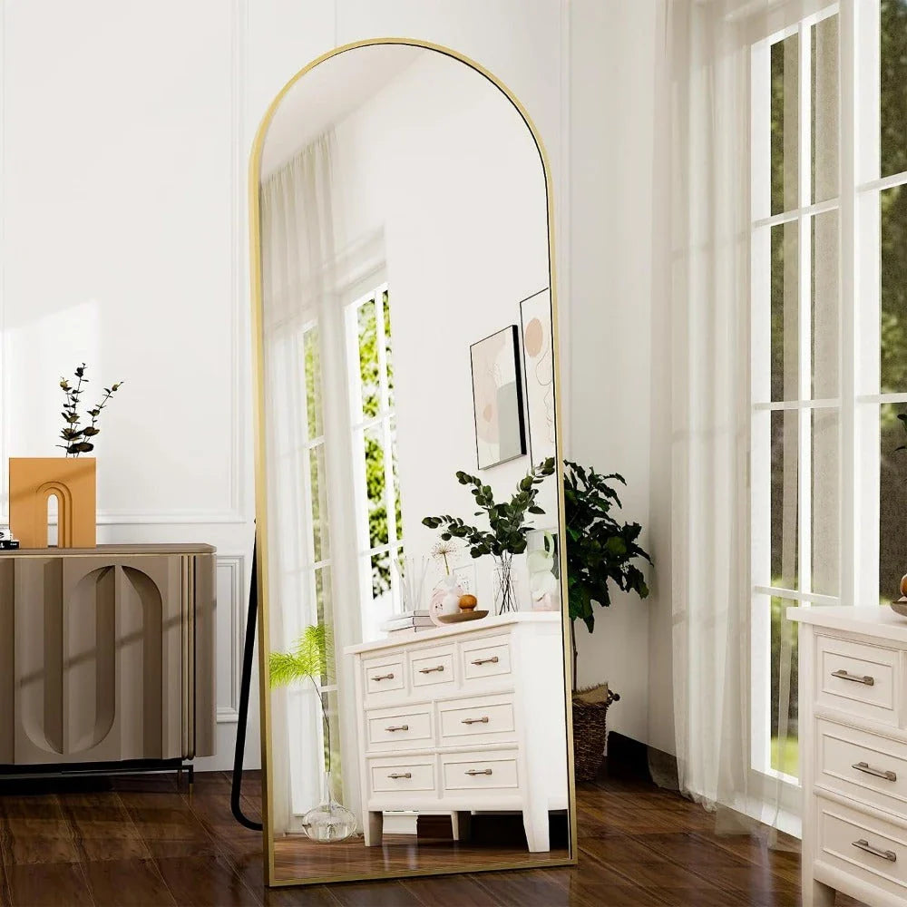 Elegant arched full-length gold mirror with high-definition aluminum frame for a comprehensive, clear reflection