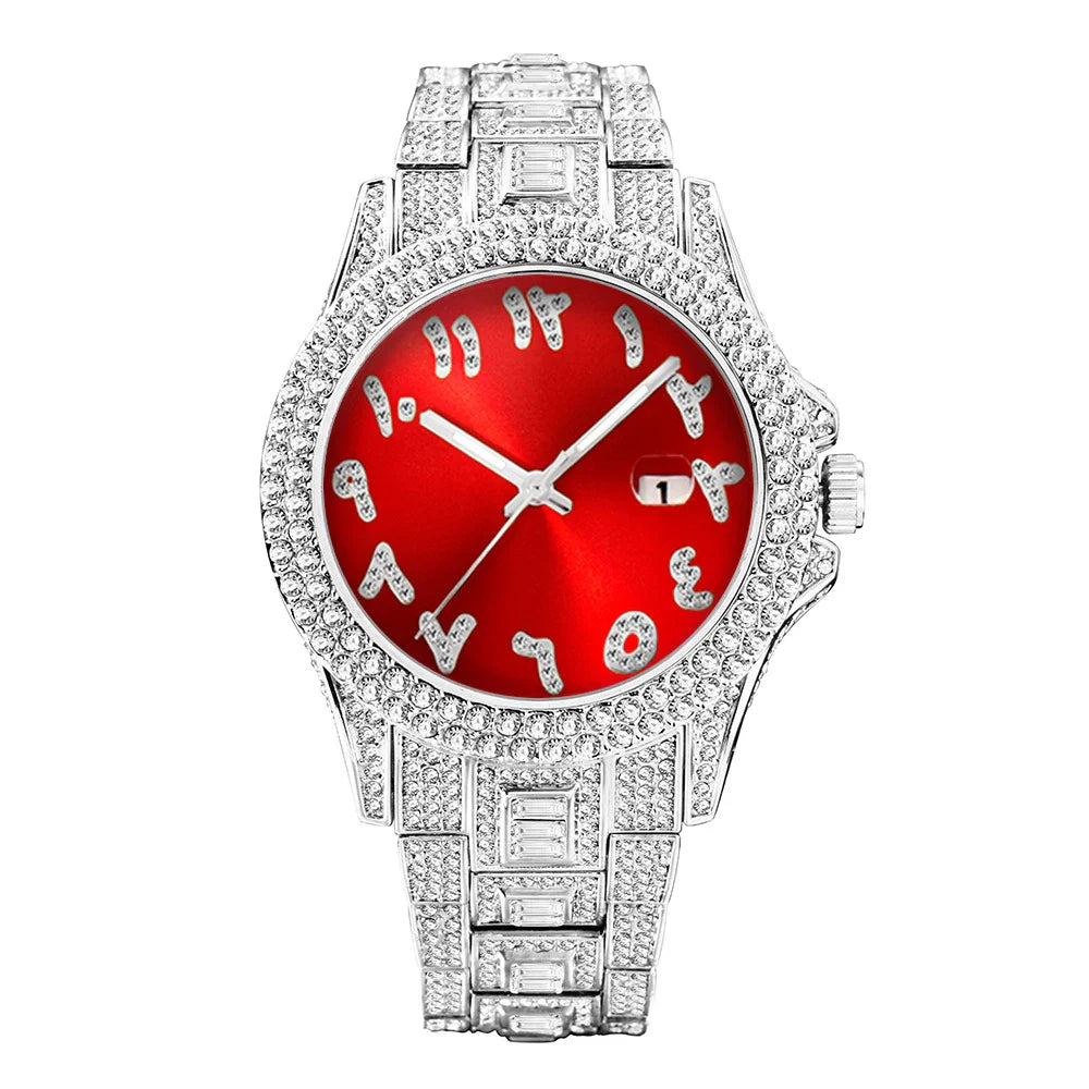 American-designed diamond-encrusted waterproof quartz watch with gold-plated stainless steel construction