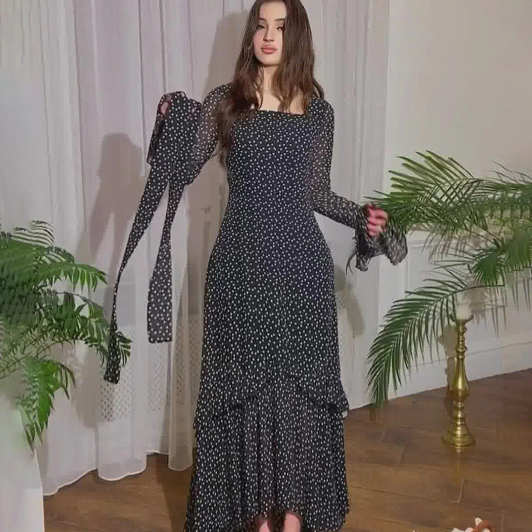 Elegant chiffon polka dot dress with flattering lotus leaf sleeves