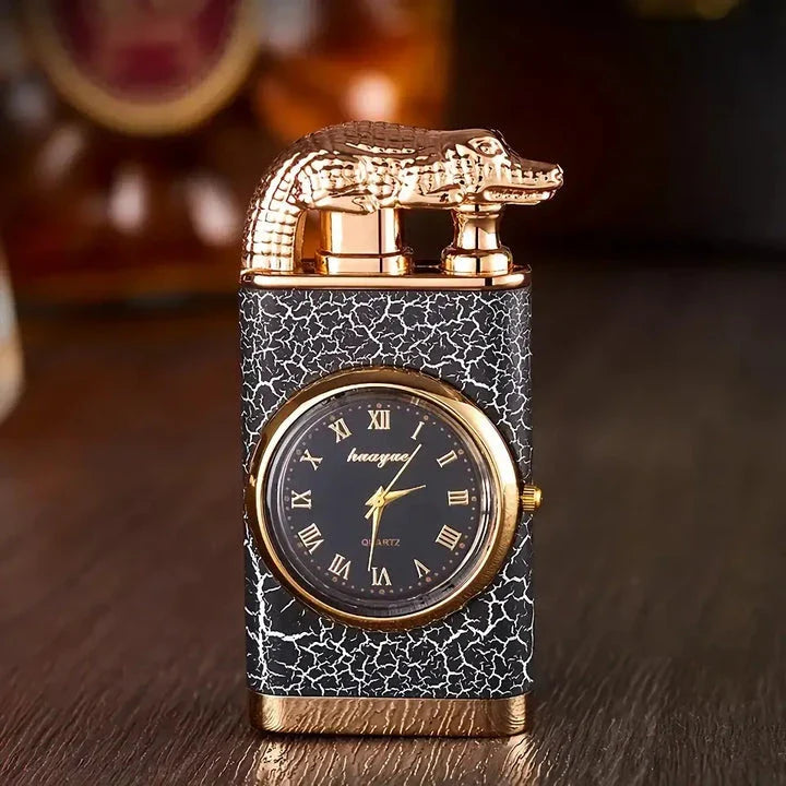 Premium dual-flame metal lighter with a distinctive crocodile head design, providing both style and functionality for outdoor and indoor use.