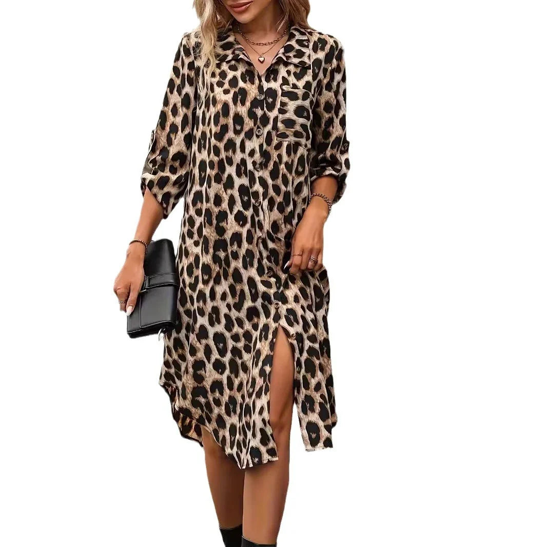 Leopard print beach coverup dress with V-neck, A-line skirt, and loose waistline