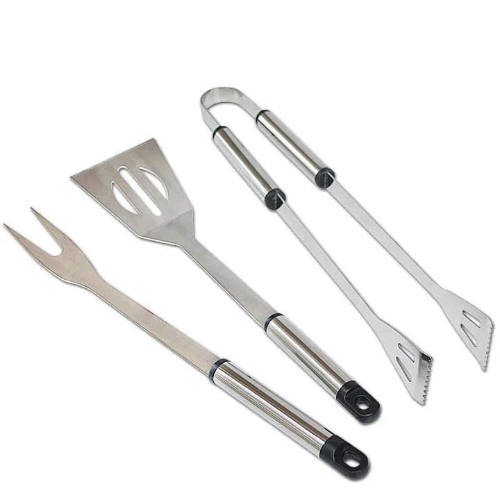 Stainless steel BBQ tool set with fork, tongs, and shovel for outdoor grilling and cooking