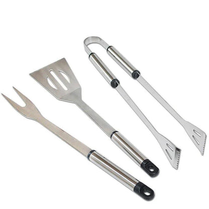 Stainless steel BBQ tool set with fork, tongs, and shovel for outdoor grilling and cooking