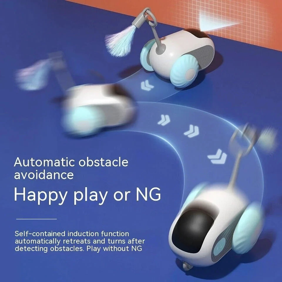 An orange remote-controlled rolling car toy with blinking lights, designed to captivate and entertain cats and kittens.