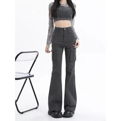 Stylish high-waist slim cargo jeans for modern American women, featuring a sleek silhouette and practical design