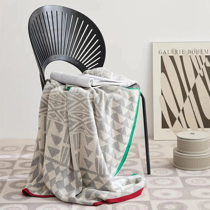 Cozy Geometric Cotton Blanket in Black and Gray with Vibrant Stripe Trim
