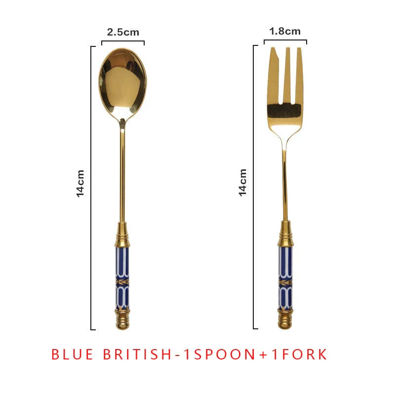 Elegant vintage gold and ceramic coffee, dessert fork and spoon set with hand-painted classical designs