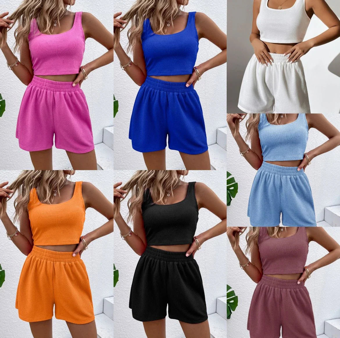 Casual Women's Knitted Cotton Sleeveless Homewear Suit in various colors and sizes