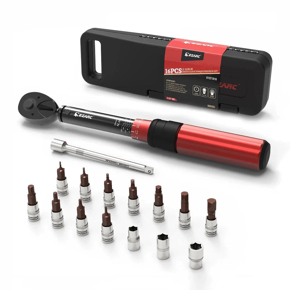 16-Piece Precision Torque Wrench Set for Bicycle Maintenance with Chrome Vanadium Steel Construction and Micro-Adjustment Capabilities