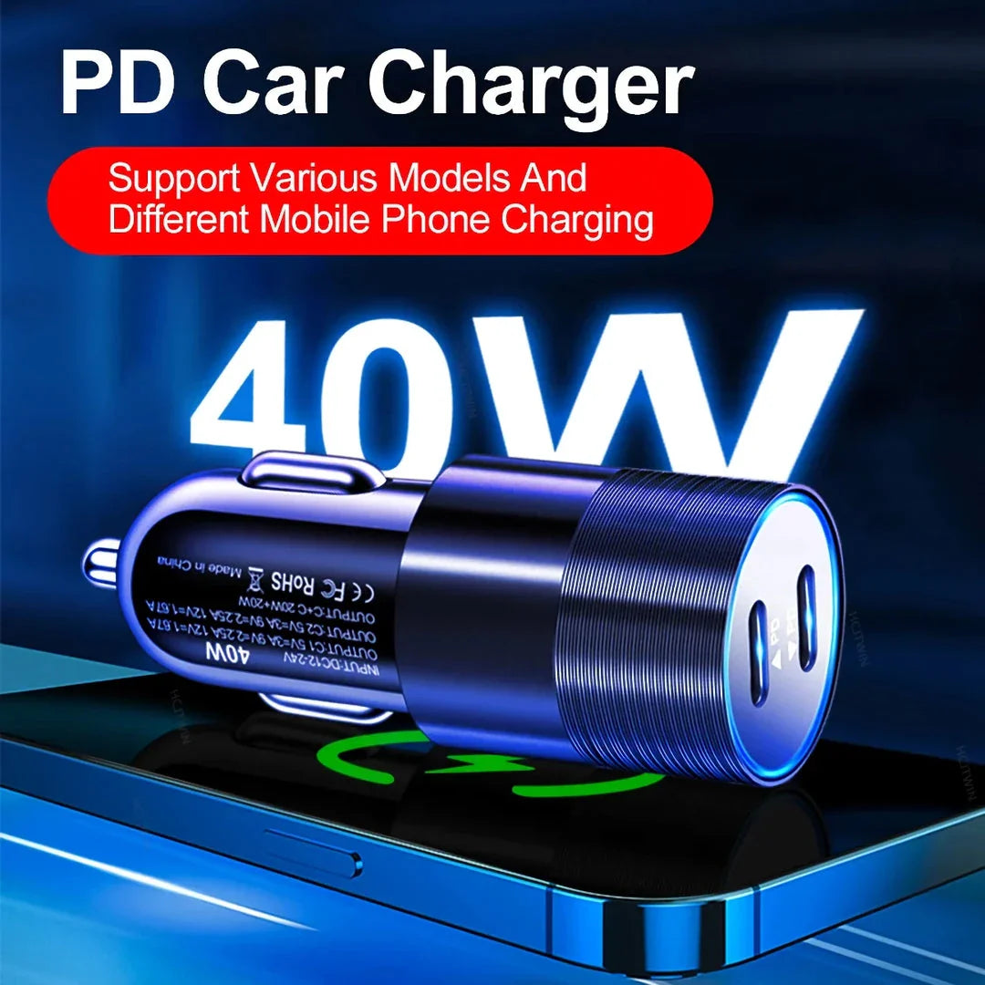 68W Dual USB-C Car Charger with lightning-fast charging capabilities and sleek, compact design