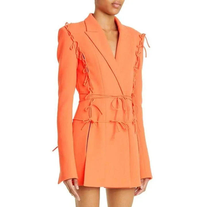 Chic notched collar long sleeve slimming blazer with elegant bowknot detail in orange color