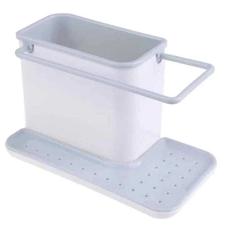 Multifunctional sink organizer with storage compartments, drying rail, and drip tray for a tidy kitchen countertop