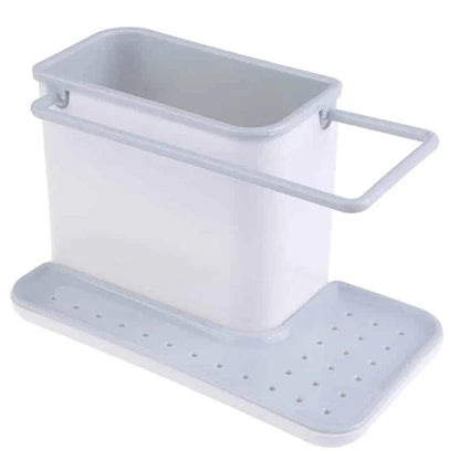 Multifunctional sink organizer with storage compartments, drying rail, and drip tray for a tidy kitchen countertop