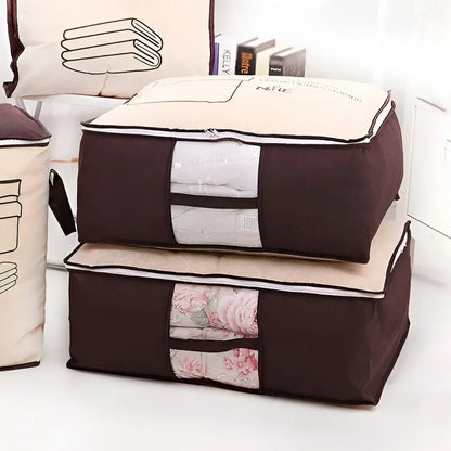 Foldable Under Bed Storage Bag in various sizes, made of moisture-proof non-woven fabric with double-sided handles for easy access and organization