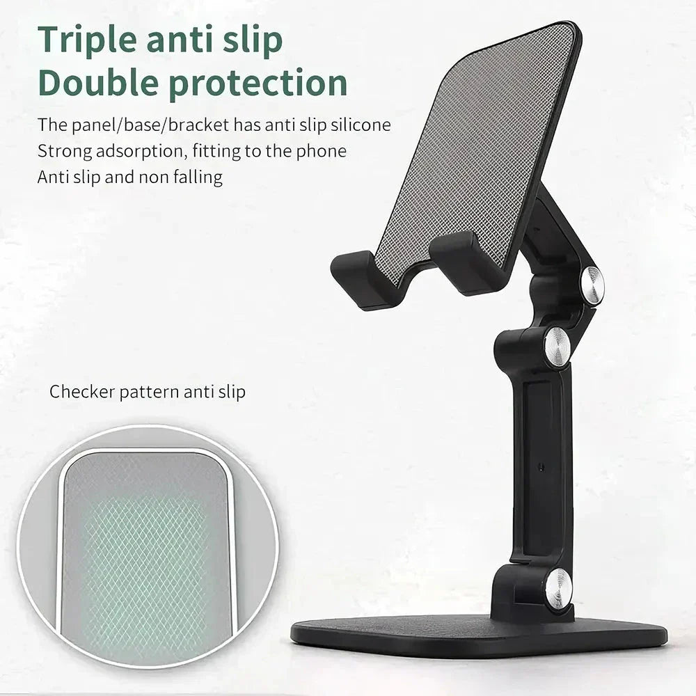 Adjustable and foldable desk phone holder with three-section design, providing hands-free convenience for mobile devices