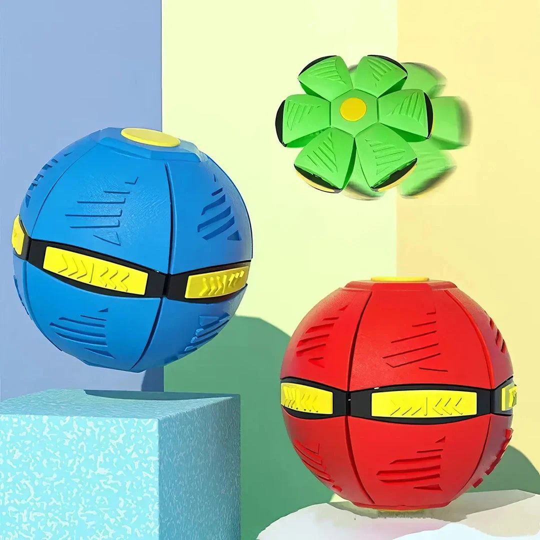 Transforming dog toy with UFO-shaped ball that changes shape for interactive outdoor play