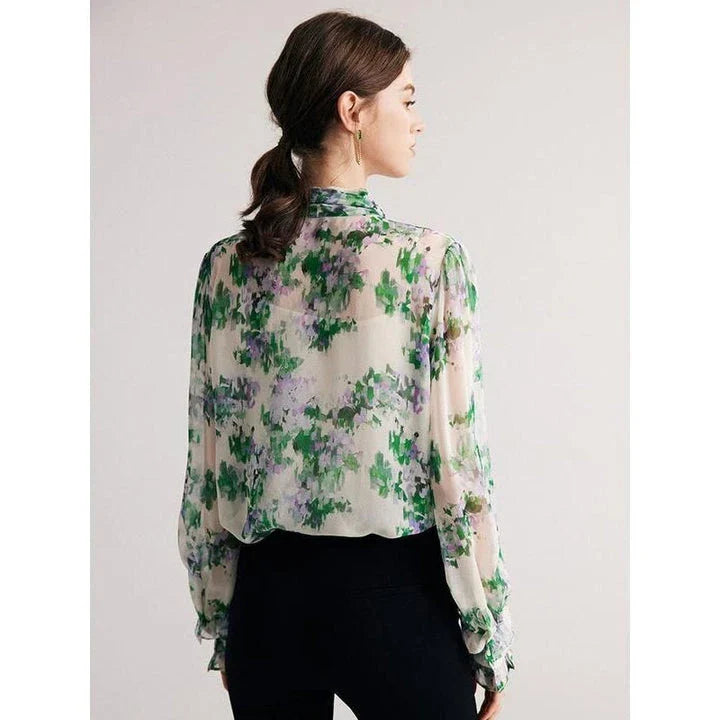 Elegant floral silk-blend bow collar blouse for professional women with a comfortable and flattering fit