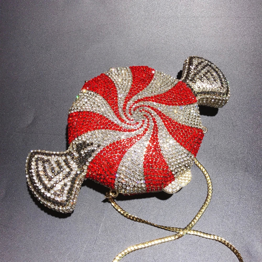 A stylish candy-shaped bag adorned with sparkling rhinestones, featuring a compact and versatile design perfect for everyday use.