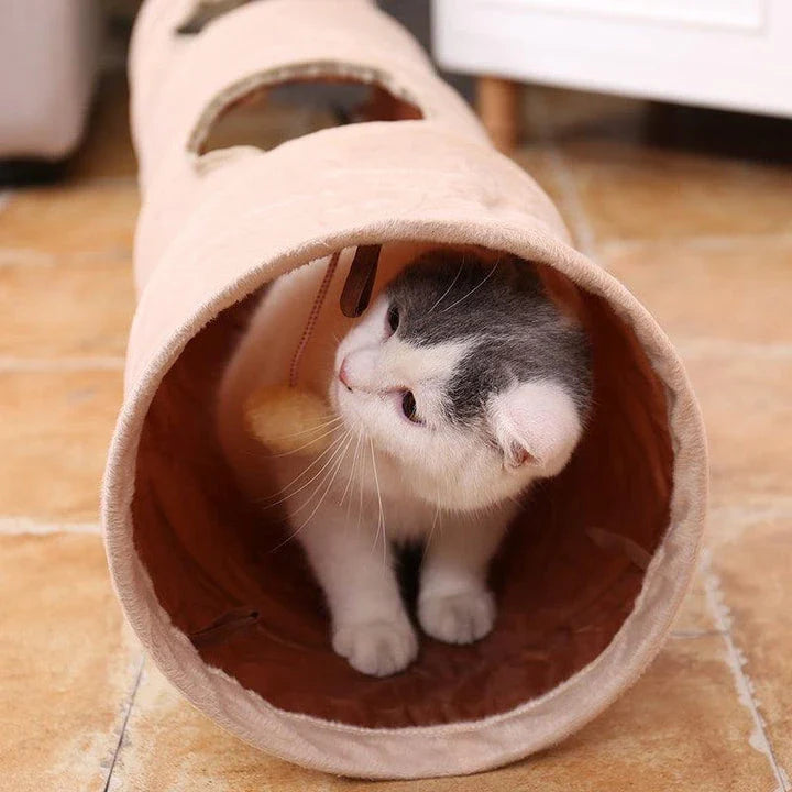 Cozy Hideaway Foldable Long Tunnel with Ball Toy for Playful Cats in Brown Color