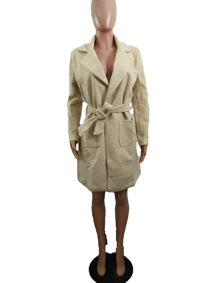 Navy blue woolen coat with a lapel tie accent, perfect for elevating any outfit