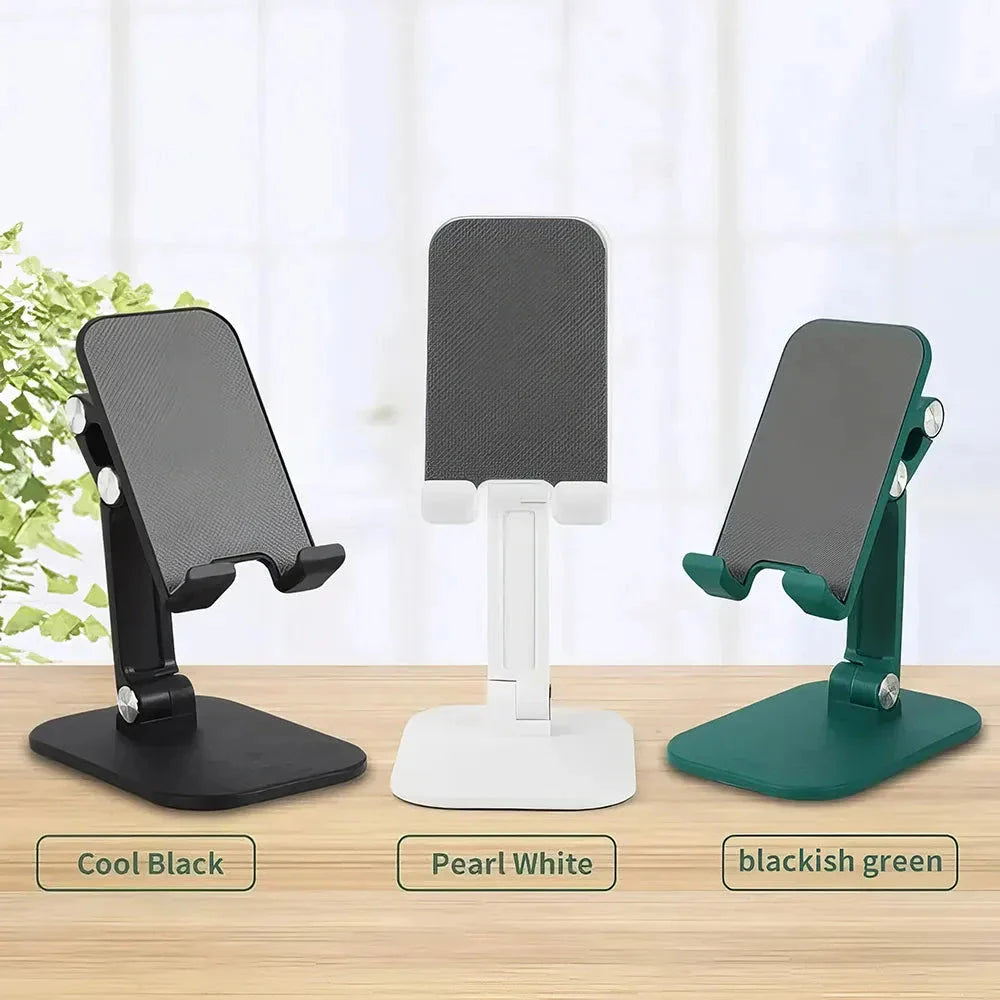 Adjustable and foldable desk phone holder with three-section design, providing hands-free convenience for mobile devices