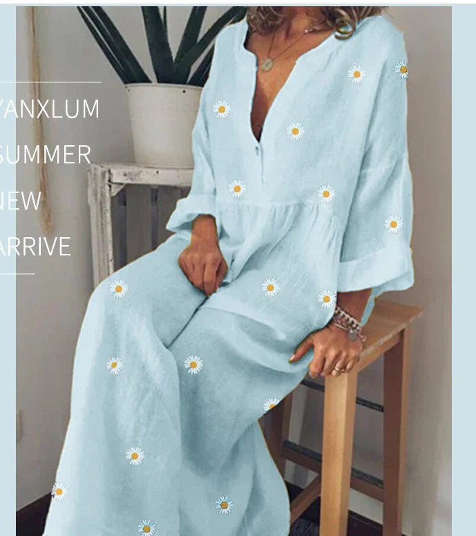 Daisy Print Long Sleeve Loose Dress in Lightblue, featuring a flowing silhouette and delicate floral pattern for a touch of feminine charm.