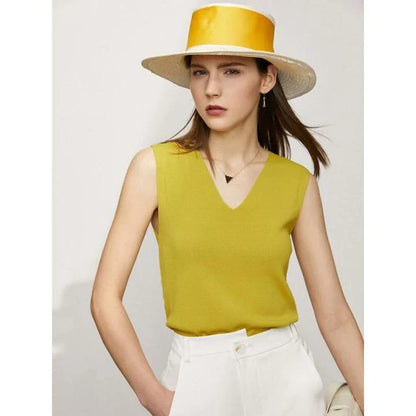 Minimalist V-Neck Tank Top in yellow, showcasing the elegant hyperbola neckline and versatile design for office and casual wear.