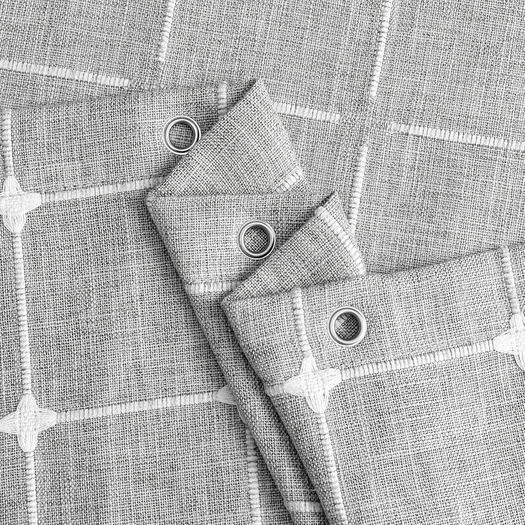 Elegant jacquard linen shower curtain with charming tassels in light grey color, adding sophisticated style to any bathroom