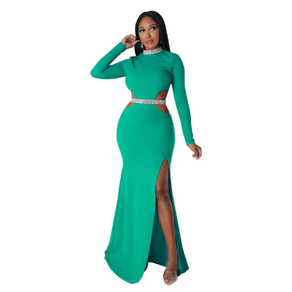 Stylish and flattering waist-accentuating split dress in solid colors, made from premium polyester fabric for comfort and versatility.
