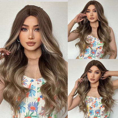 Luxurious gradient gray and brown long curly wig made with domestic silk fibers, suitable for any face shape and skin tone