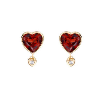 Elegant heart-shaped earrings with natural garnet and zircon stones in a pomegranate color, showcasing a timeless, versatile design.