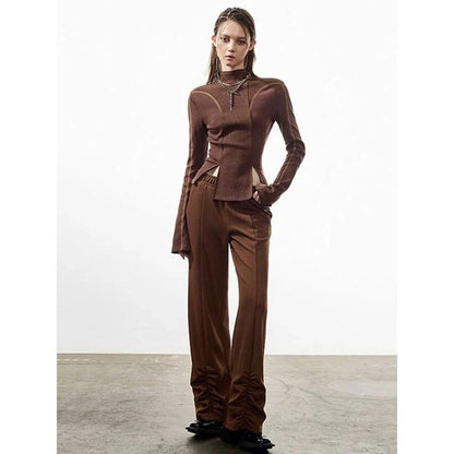 Chic Slim-Fit Knitted Pullover in Brown and Black colors, showcasing the sleek half-high collar and flattering split hem design.