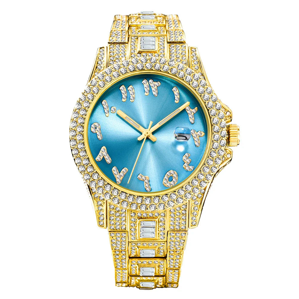 American-designed diamond-encrusted waterproof quartz watch with gold-plated stainless steel construction