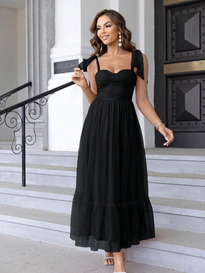 Fairy-inspired dress with mid-length silhouette, lace-up details, and luxurious polyester fabric