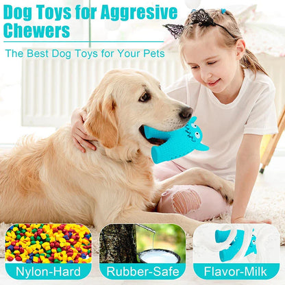 A durable squeaky dog toy made of natural rubber, designed to withstand aggressive chewing and promote dental health
