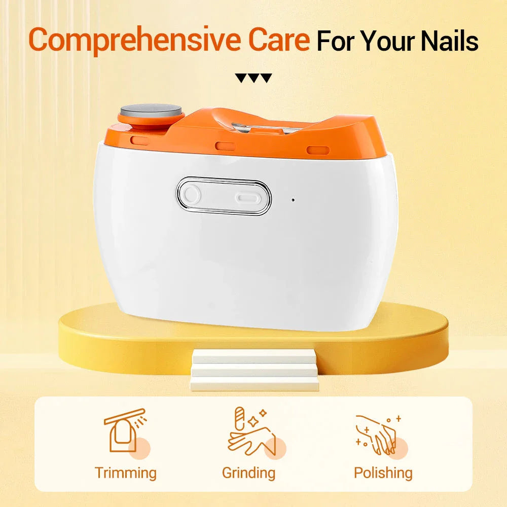 Cordless electric nail trimmer and polisher device with multiple attachments for grooming nails