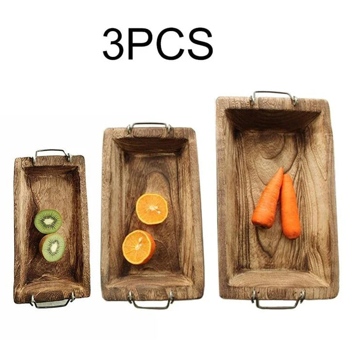 Rectangular wooden serving trays with copper accents in three sizes - small, medium, and large