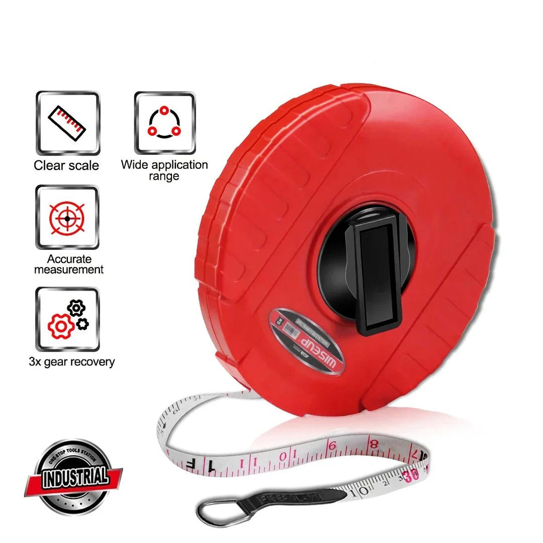 Heavy-duty fiberglass tape measure with double-sided printing and smooth manual crank for precise measurements in woodworking and construction projects