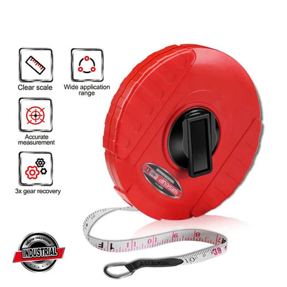 Heavy-duty fiberglass tape measure with double-sided printing and smooth manual crank for precise measurements in woodworking and construction projects