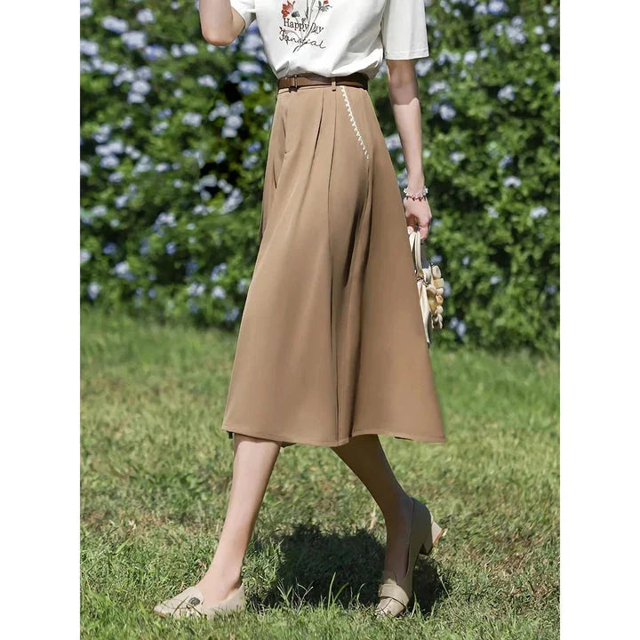 Elegant French-inspired high-waist embroidered A-line skirt in khaki color