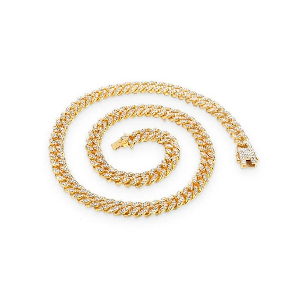Elegant gold-colored Cuban chain necklace with rhinestone embellishments, perfect for everyday wear and style enhancement.