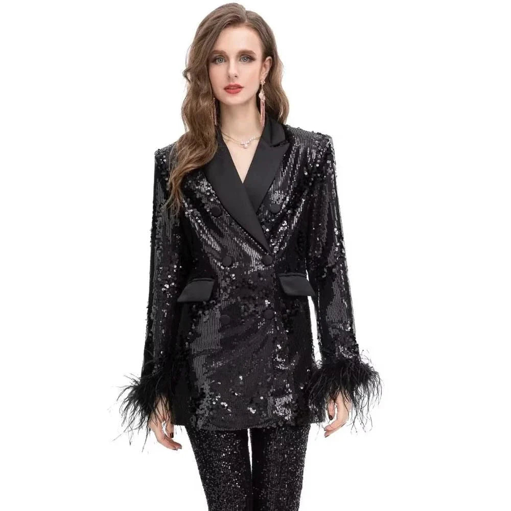 Elegant double-breasted blazer with feather and sequin details, offering timeless style and versatility for any occasion.