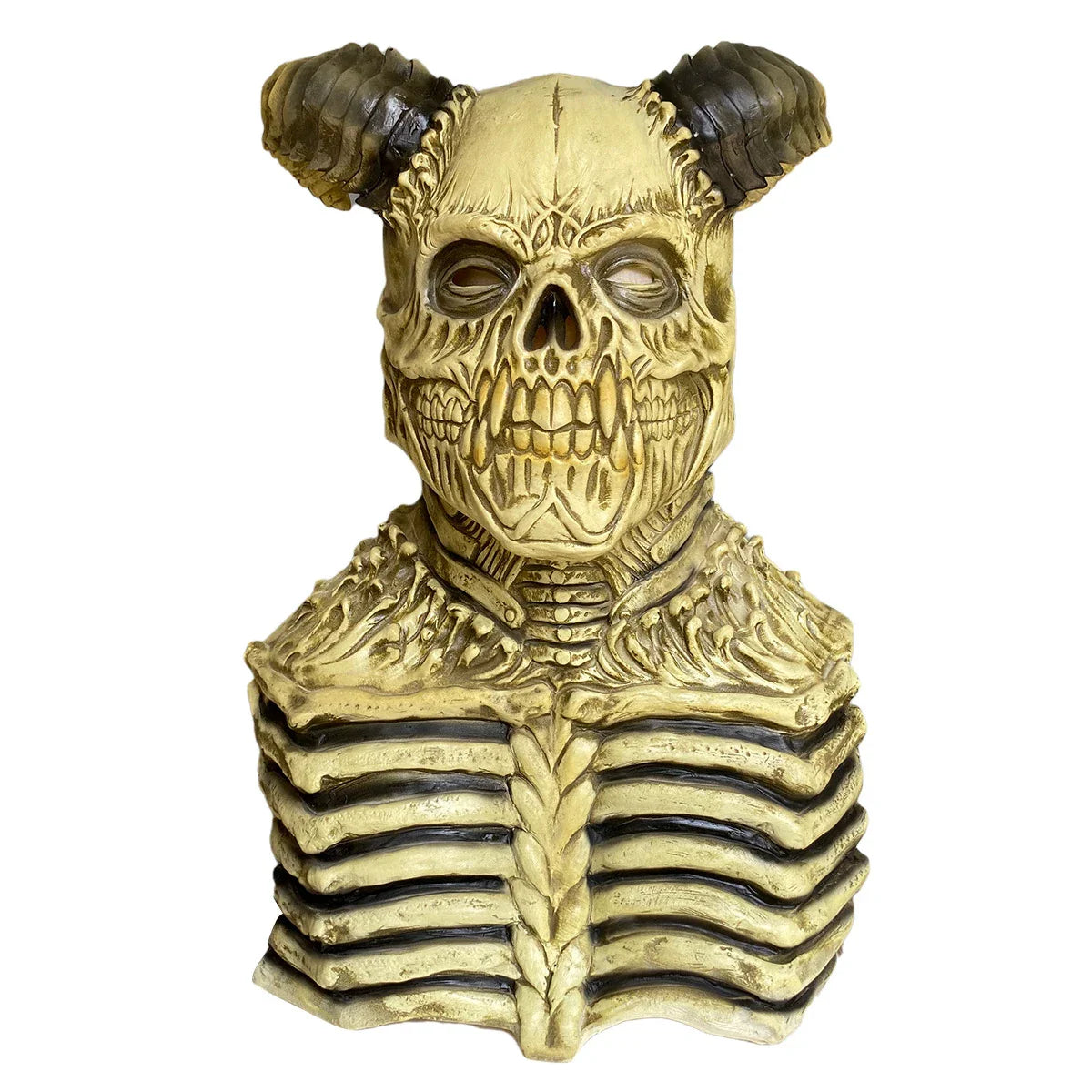 A terrifying Halloween mask made of latex, featuring a skull design with horns to create a dark, demonic appearance.