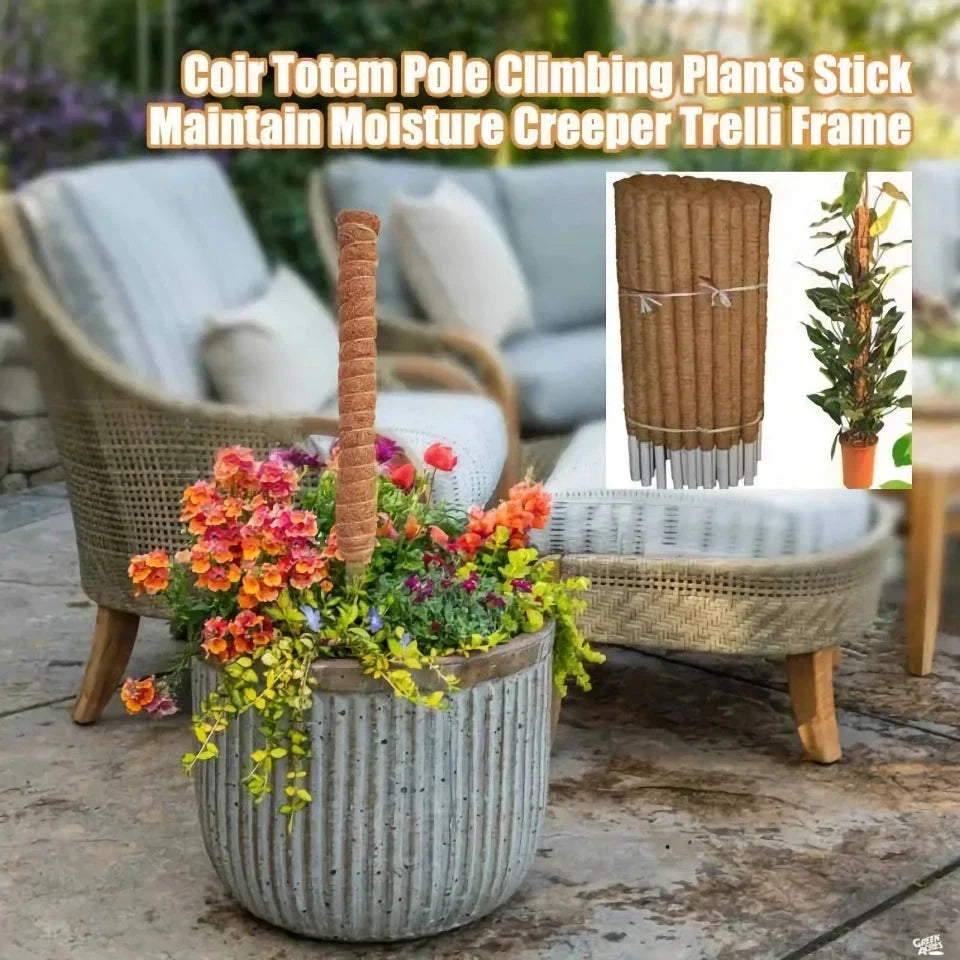 Indoor garden accessory made of coconut fiber and wood, providing sturdy support for climbing plants