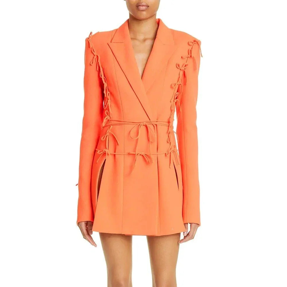 Chic notched collar long sleeve slimming blazer with elegant bowknot detail in orange color