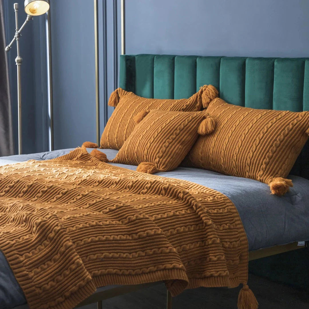 Elegant striped and tassel cushion cover in various sizes and colors for beds, sofas, and home decor