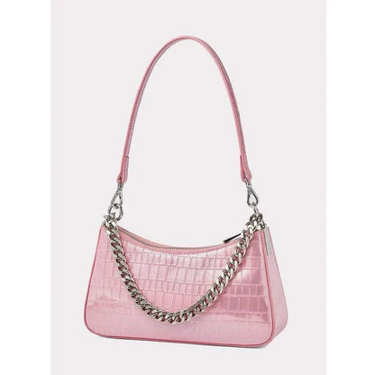 Elegant alligator print leather shoulder bag with chic chain decoration, versatile hobo shape, and interior organization pockets