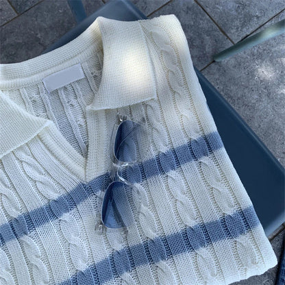 Elegant Y-shaped lapel striped sweater in ivory color with relaxed fit and vertical stripe pattern