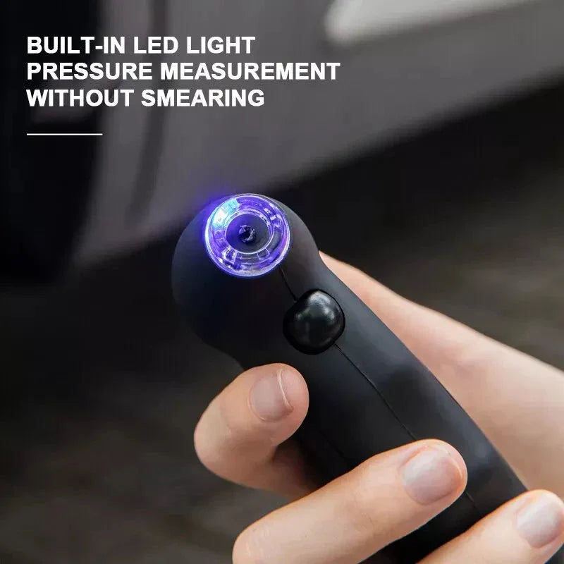 Digital tire pressure gauge with backlit LCD display, showing accurate readings in multiple units for various vehicle types.